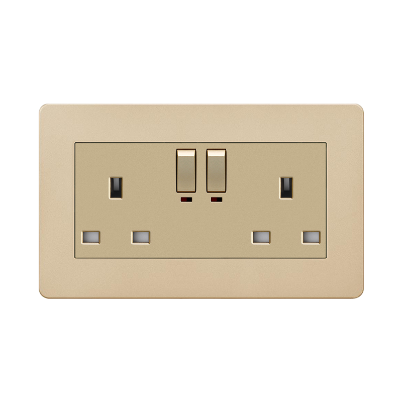 Plastic Switch ABK-Double UK Socket With Switch With Indicator Light-GOLD